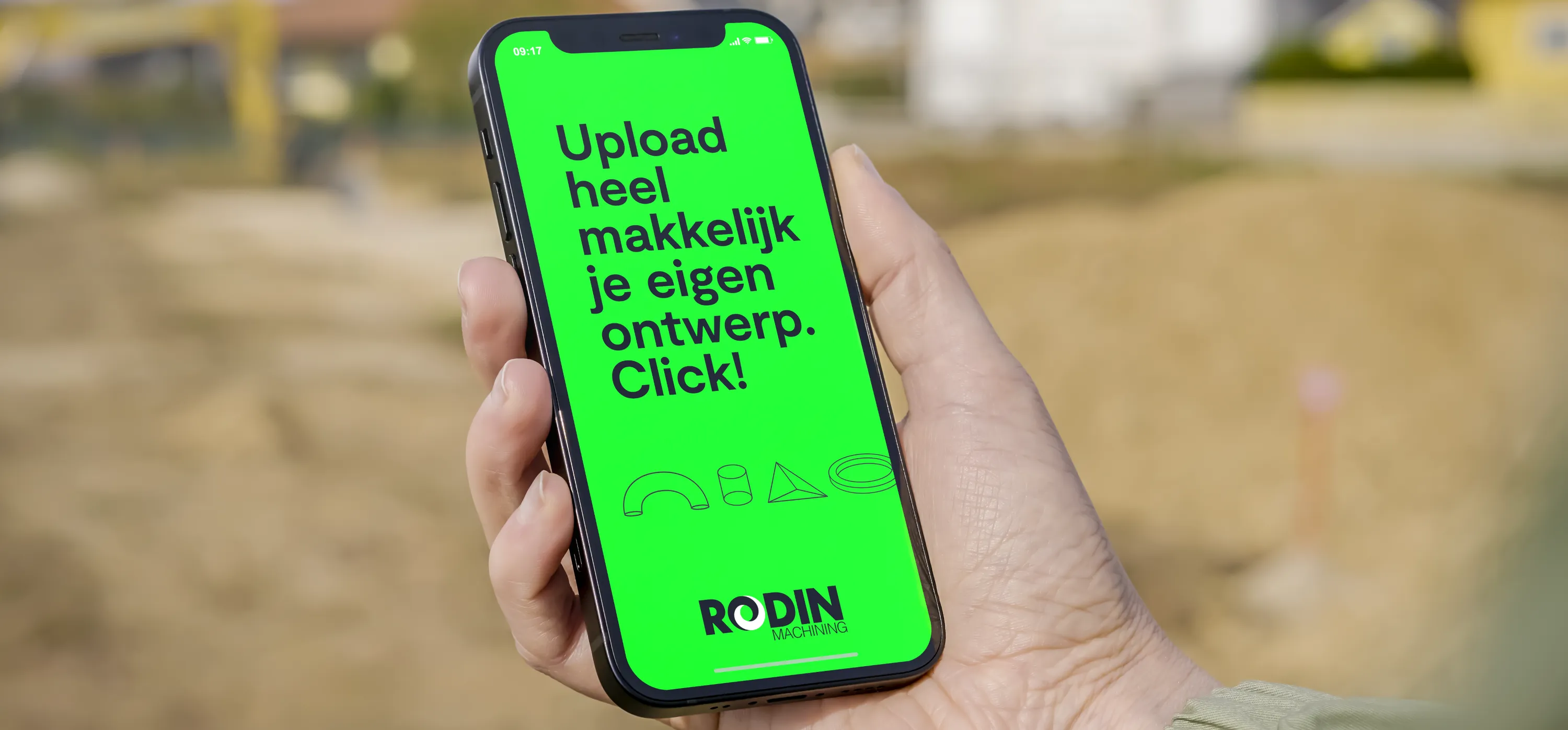Phone with the Dutch text: upload your own design very easily. Click!